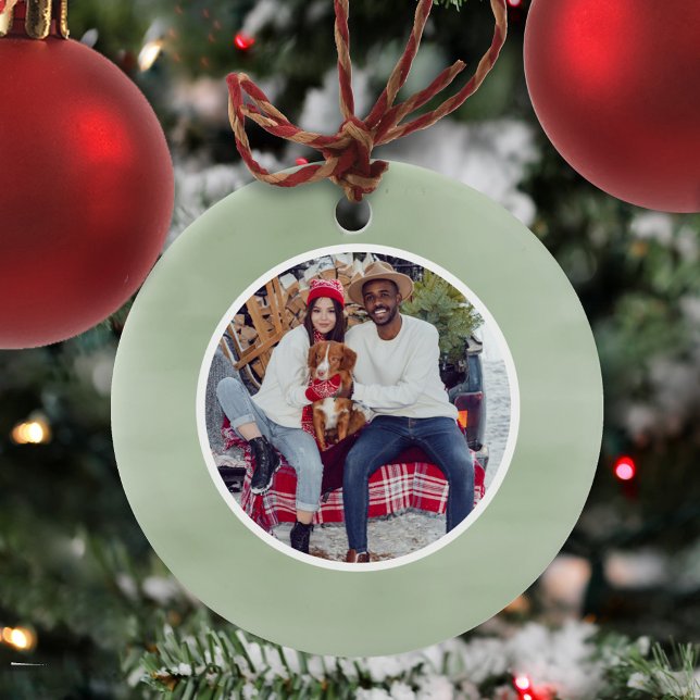 Christmas Photo Classic Green Script Ceramic Ornament (Simple green photo holiday ornaments)