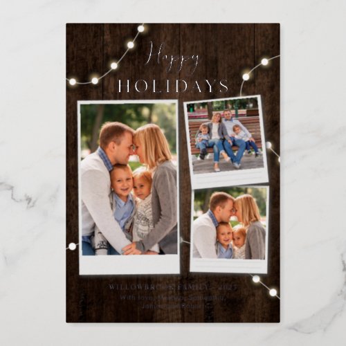 Christmas Photo Collage and Fairy Lights Silver Foil Holiday Card