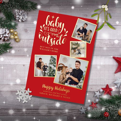 Christmas Photo Collage Baby Its Cold Outside Gold Foil Holiday Card