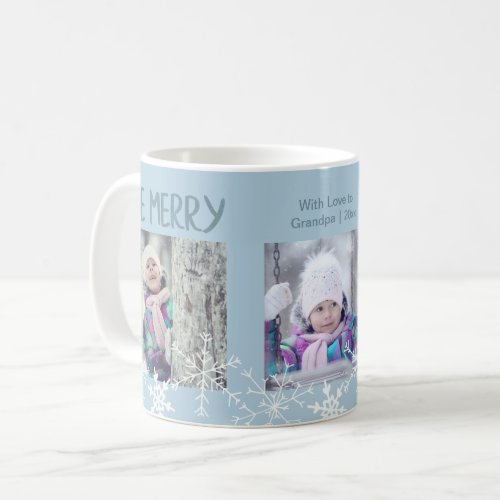 Christmas Photo Collage Be Merry Snowflakes Blue Coffee Mug