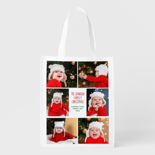 Christmas Photo Collage Beautiful Red Green Custom Grocery Bag