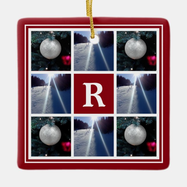 Christmas photo collage Custom monogram Holiday Ceramic Ornament (Front)
