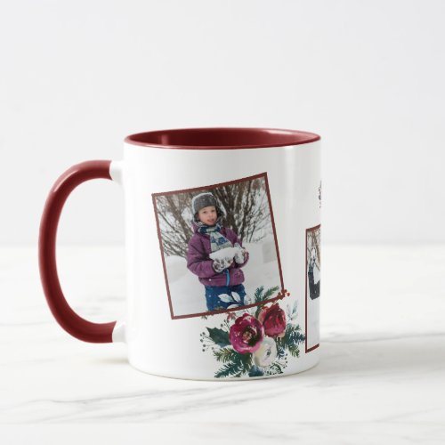Christmas photo collage family monogram burgundy mug