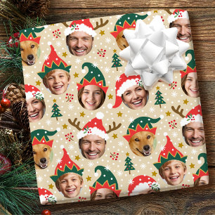 Christmas Photo Collage Festive Funny Face Beige Wrapping Paper