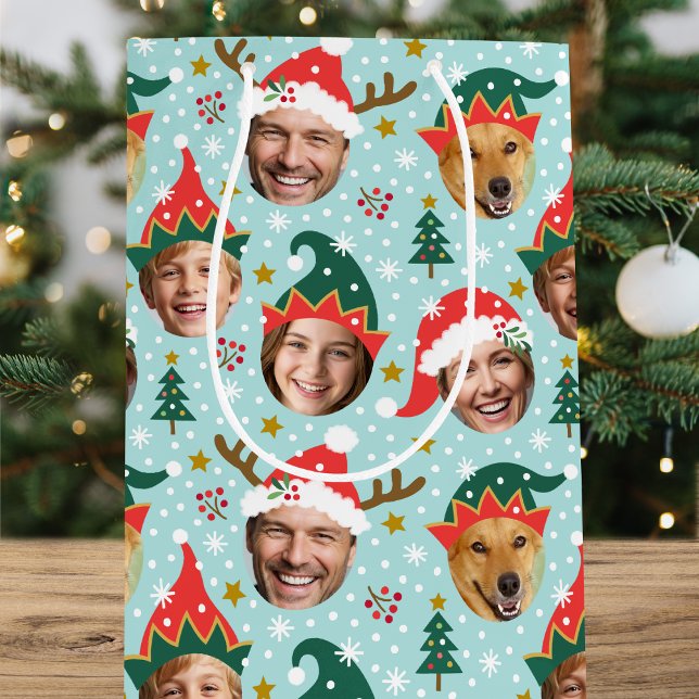 Christmas Photo Collage Festive Funny Face Blue Medium Gift Bag (Creator Uploaded)