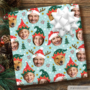 Christmas Photo Collage Festive Funny Face Blue Wrapping Paper