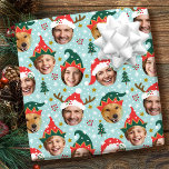 Christmas Photo Collage Festive Funny Face Blue Wrapping Paper