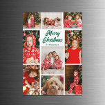 Christmas Photo Collage Green Script Magnet Card<br><div class="desc">Bold and beautiful 9 photo collage Merry Christmas magnet cards with your favorite family pictures from 2025. Customize these multiple photo holiday cards with kids or couple photographs around your personalized name and green cursive script.</div>
