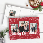 Christmas Photo Collage Holiday Postcard<br><div class="desc">Christmas Photo Collage Holiday Postcard. This cute Merry Christmas postcard features a festive frame overlay of white snowflakes with white text on a red background with a photo collage of 3 images. The back includes a 4th photo and additional text for personalizing. Find matching items in the Christmas Holiday Snowflake...</div>