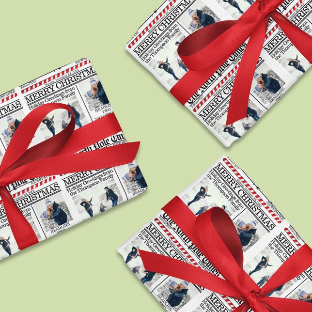 Christmas Photo Collage Holiday Red Newspaper Wrapping Paper Sheets (Christmas whimsical photo newspaper print custom wrapping paper.)