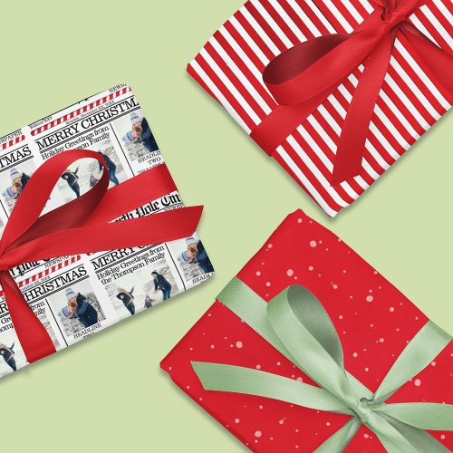 Christmas Photo Collage Holiday Red Newspaper Wrapping Paper Sheets
