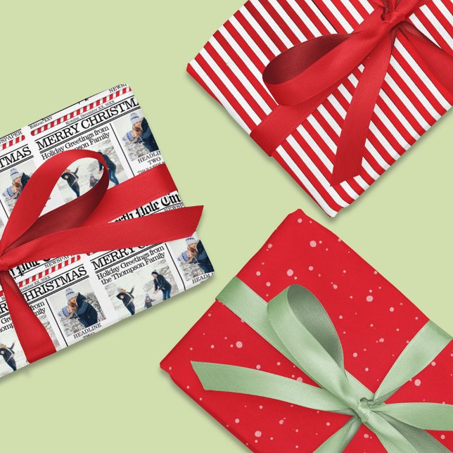 Christmas Photo Collage Holiday Red Newspaper Wrapping Paper Sheets (Christmas wrapping paper customized with photo and text, Whimsical Newspaper print. )
