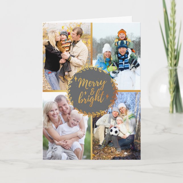 Christmas Photo Collage - Merry & Bright Gray Gold Holiday Card (Front)