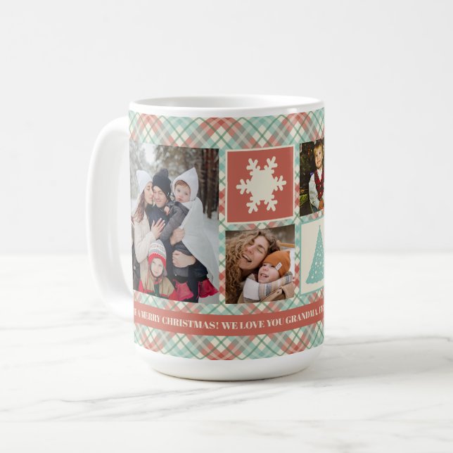 Christmas Photo Collage Mint Plaid Custom Mug (Front Left)