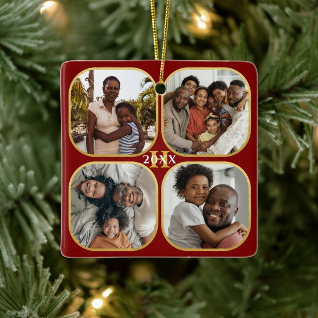 Christmas Photo Collage Monogram Gold Red  Ceramic Ornament (Tree)