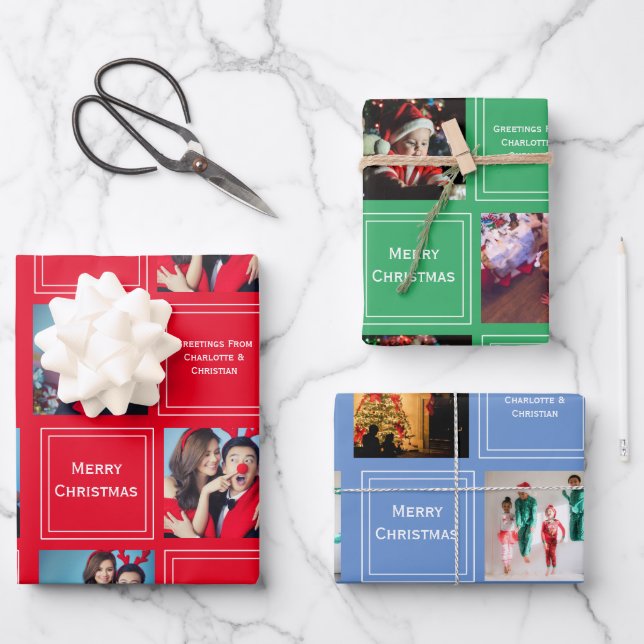 Christmas Photo Collage Personalized Template Wrapping Paper Sheets (Front)
