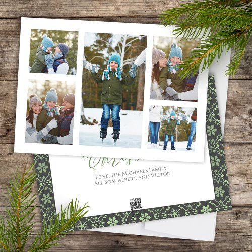 Christmas Photo Collage Red Green Snowflake  Holiday Card