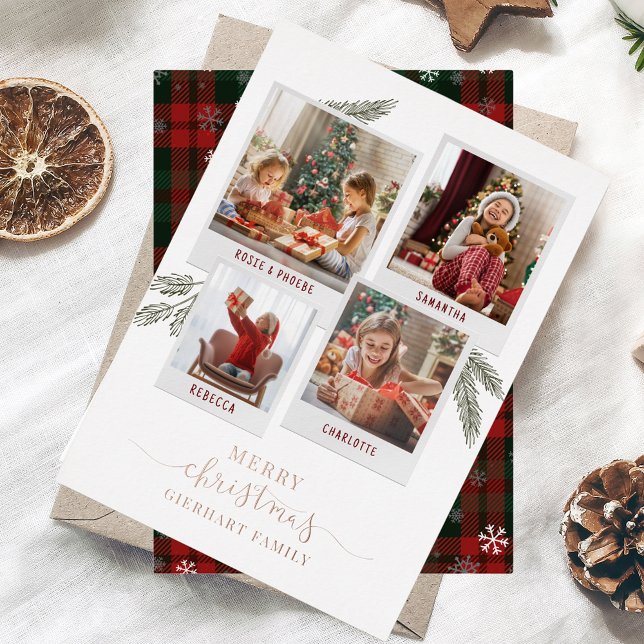 Christmas Photo Collage Rustic Plaid Rose Gold Foil Holiday Card (Plaid Multi Photo Family Christmas Snow Rose Gold Foil Greetings)