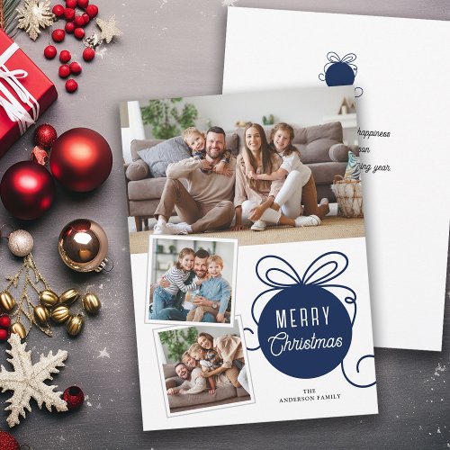 Christmas Photo Collage Tree Ornament Blue Holiday Card