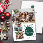 Christmas Photo Collage Tree Ornament Green Holiday Card<br><div class="desc">Send your Christmas greetings to your family and friends with this modern minimal photo Christmas card. The design features a cute dark green tree ornament graphic and space for 3 pictures... 1 horizontal and 2 smaller square pictures. Add your own personal message on the the back, or use the one...</div>