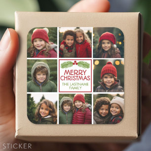 Christmas Photo Collage with Rustic Pine Square Sticker