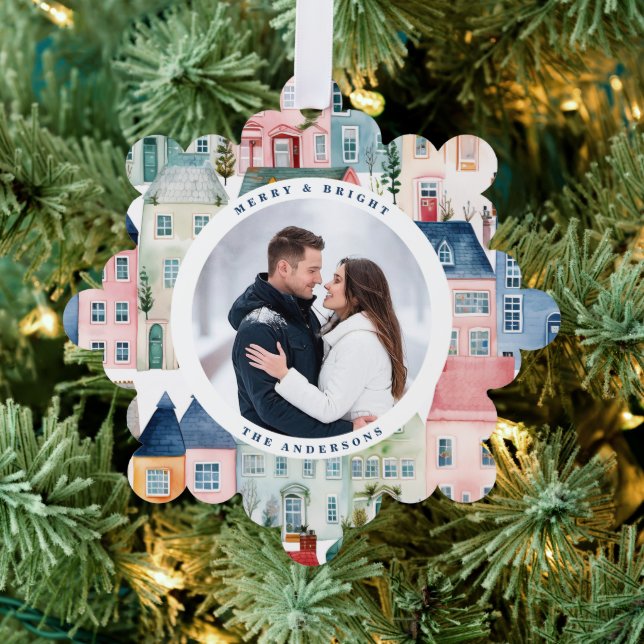 Christmas Photo Colorful Houses Blue Holiday Ornament Card (Insitu (Tree))