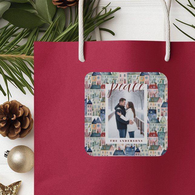 Christmas Photo Colorful Houses Holiday Square Sticker (Creator Uploaded)