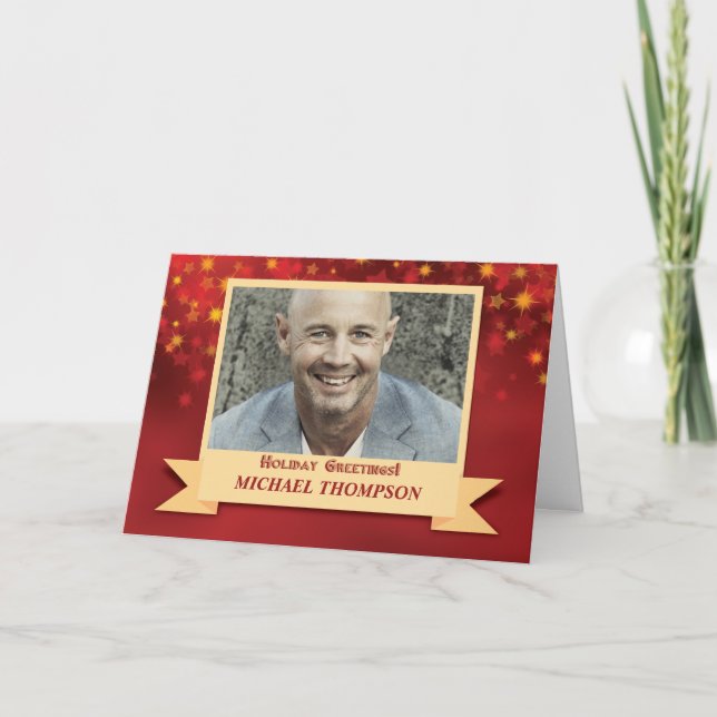 Christmas Photo Custom Name Red with Gold Stars Card (Front)