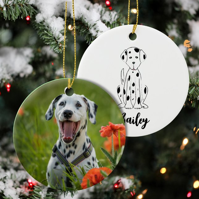 Christmas Photo Cute Puppy Dog Dalmatian Holiday Ceramic Ornament (Cute white poodle puppy Christmas ornament with personalized pet photo holiday design.)