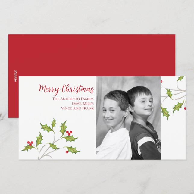 Christmas Photo Elegant Botanical Holly Berries  Holiday Card (Front/Back)