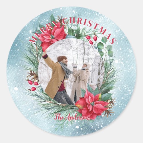 Christmas photo family floral wreath classic round sticker