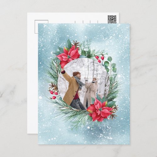 Christmas photo family floral wreath postcard