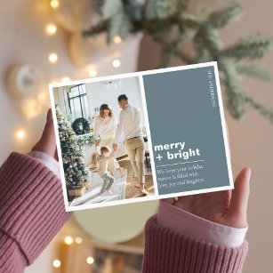 Christmas Photo Family   Merry + Bright Blue Postcard