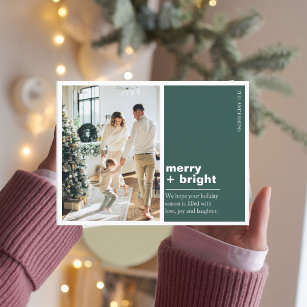 Christmas Photo Family   Merry + Bright Green Postcard