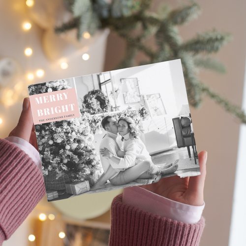 Christmas Photo Family  Merry Bright  Pink Postcard