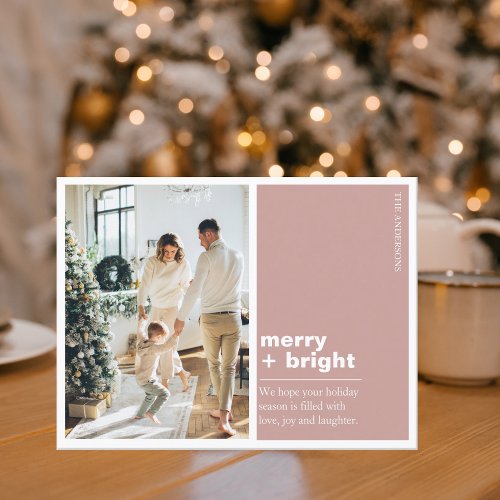 Christmas Photo Family  Merry  Bright Pink Postcard