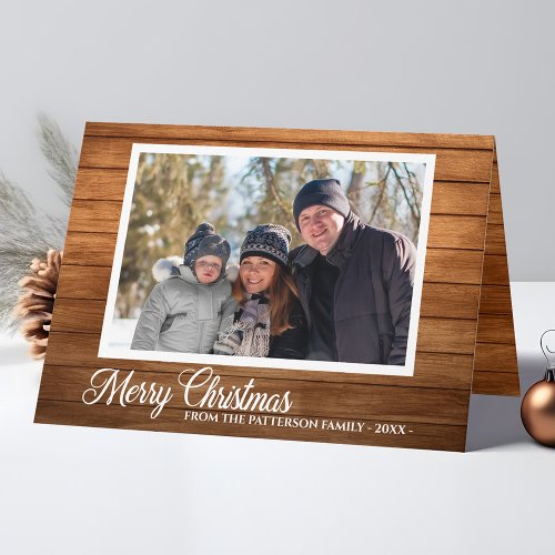 Christmas Photo Family Name Rustic Wood Folded Holiday Card