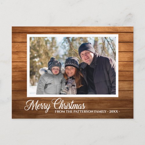 Christmas Photo Family Name Rustic Wood Style Postcard