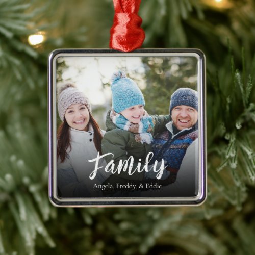 Christmas Photo Family Typography Custom Script Metal Ornament