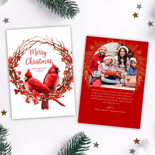 Christmas Photo Festive Wreath Red Cardinal Holiday Card