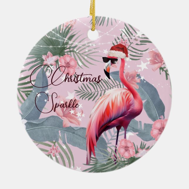 Christmas Photo Flamingo Santa Hat Tropical  Ceramic Ornament (Back)