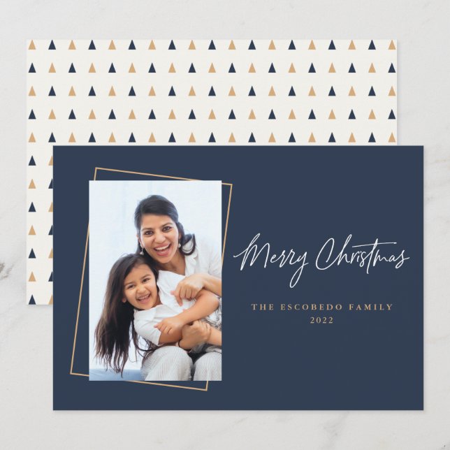 Christmas Photo Flat Navy Gold Holiday Card (Front/Back)
