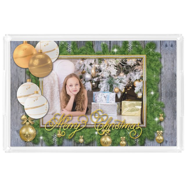 Christmas Photo Frame Gold Ornaments Evergreen Acrylic Tray (Front)