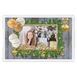 Christmas Photo Frame Gold Ornaments Evergreen Acrylic Tray