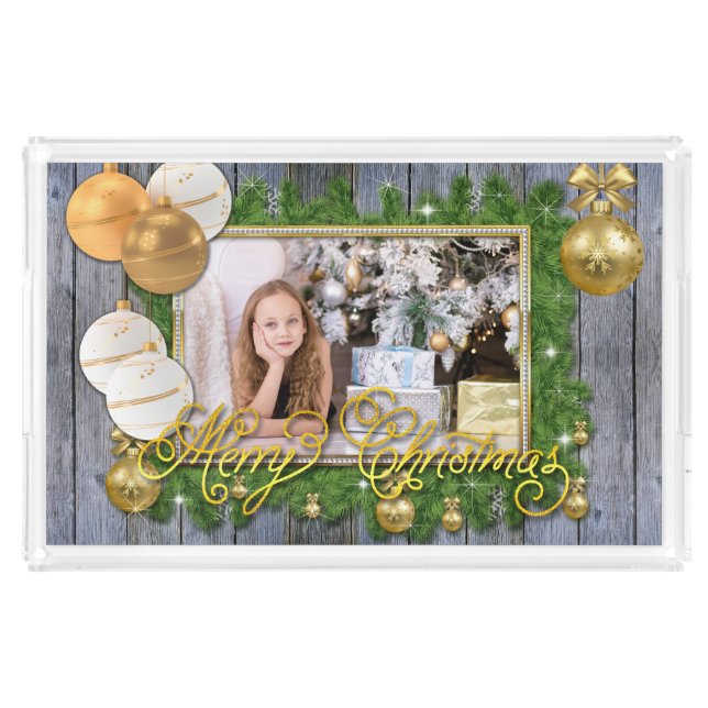 Christmas Photo Frame Gold Ornaments Evergreen Acrylic Tray (Front)