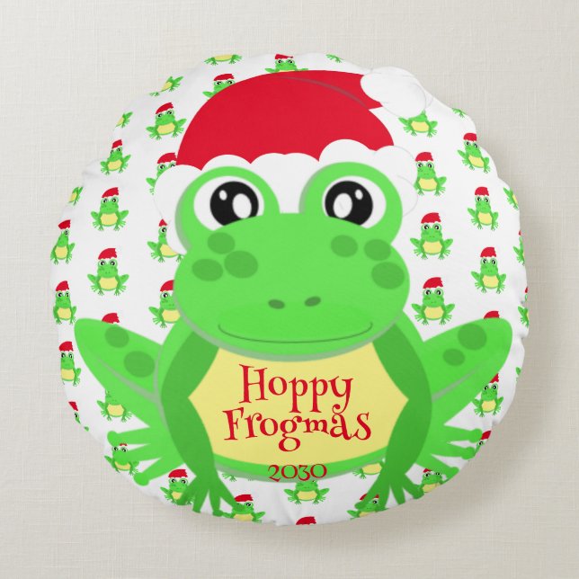 Christmas Photo Frog Santa Hat Pattern White Cute Round Pillow (Front)