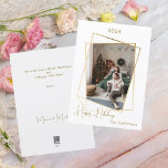 Christmas photo geometric gold modern holiday card<br><div class="desc">Modern,  elegant Christmas card,  with a faux gold geometric photo frame. Personalize and add your family name.  Happy Holidays written with a trendy handlettered style script. 

Back: add your note and your names.</div>