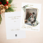 Christmas photo geometric gold modern holiday card<br><div class="desc">Modern,  elegant Christmas card,  with a faux gold geometric photo frame. Decorated with pine and cones. Personalize and add your family name.  Happy Holidays written with a trendy handlettered style script.</div>