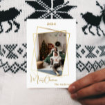 Christmas photo geometric gold modern holiday card<br><div class="desc">Modern,  elegant Christmas card,  with a faux gold geometric photo frame. Personalize and add your family name.  Merry Christmas written with a trendy handlettered style script. 

Back: add your note and your names.</div>