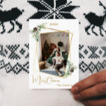 Christmas photo geometric gold modern holiday card<br><div class="desc">Modern,  elegant Christmas card,  with a faux gold geometric photo frame. Decorated with pine and cones. Personalize and add your family name.  Merry Christmas written with a trendy handlettered style script.</div>